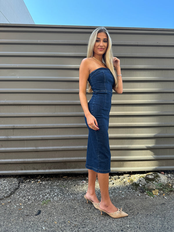 MARIANA STRAPLESS STRETCH DENIM MIDI