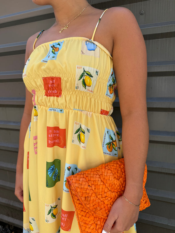 yellow tile print smocked waist maxi dress