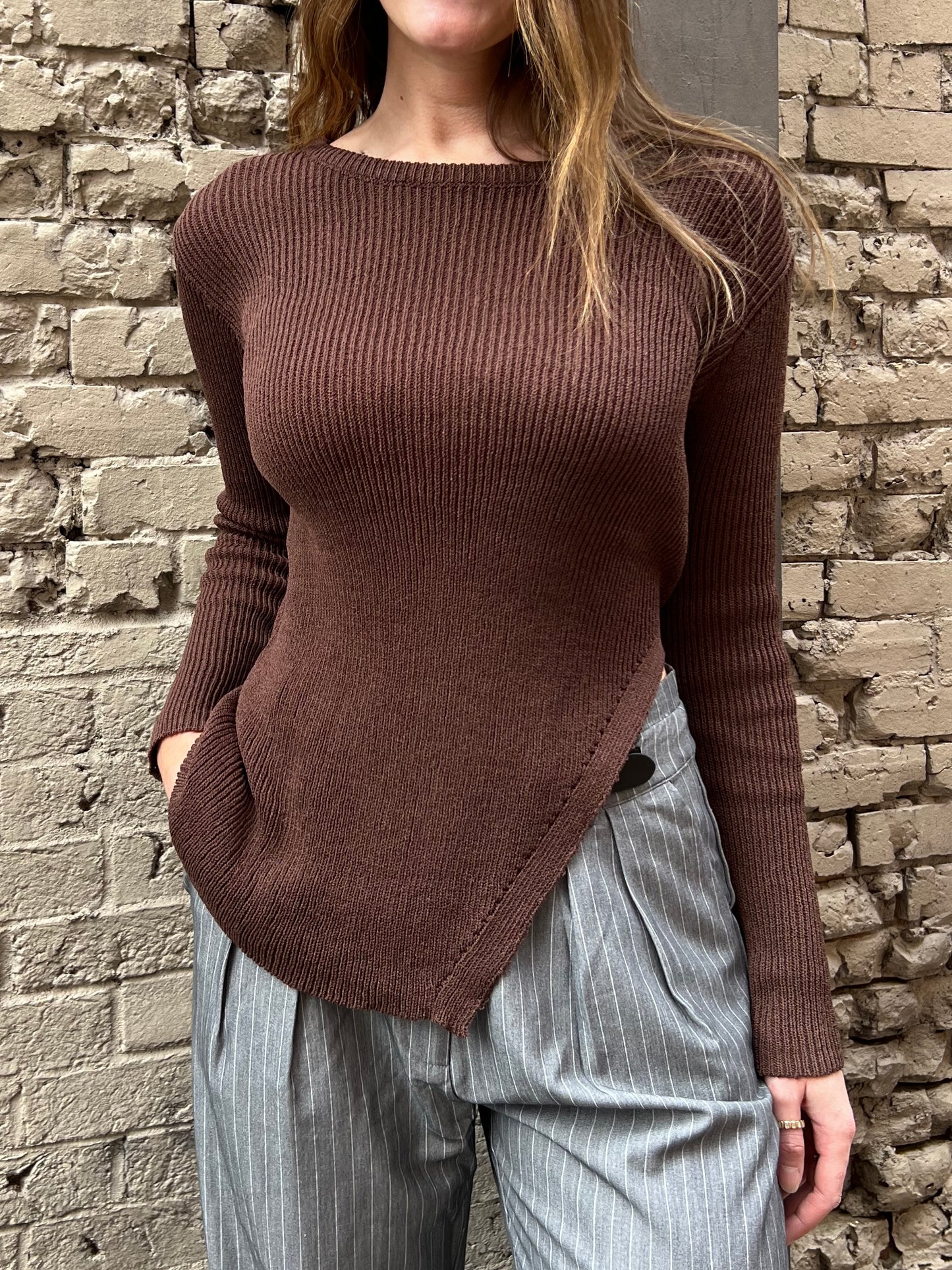 cocoa brown long sleeve sweater with side split hem