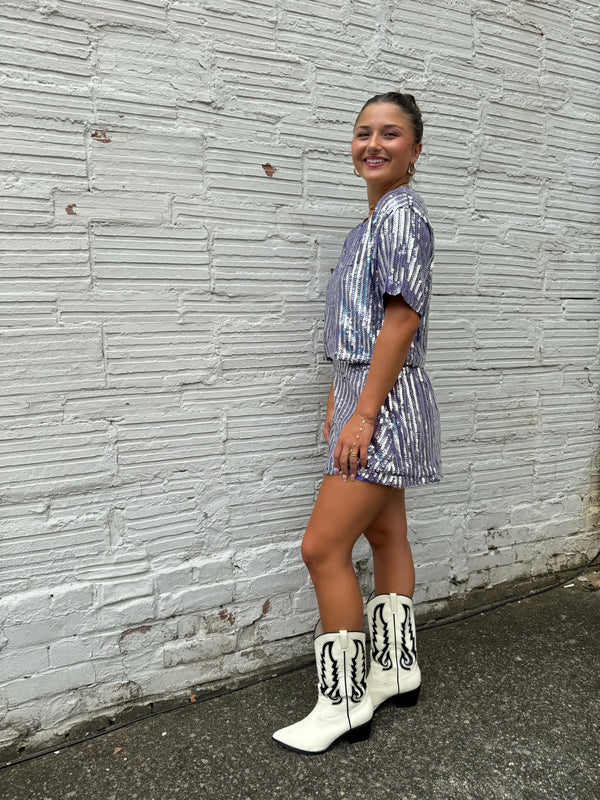 purple sequin tee and boxer shorts fashion set