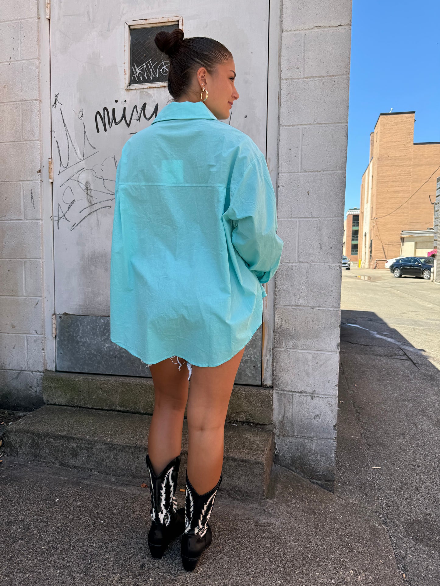 aqua blue oversized button up shirt