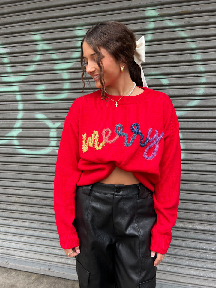 RED MERRY TINSEL SWEATER IN COLOR POP - THE HIP EAGLE BOUTIQUE