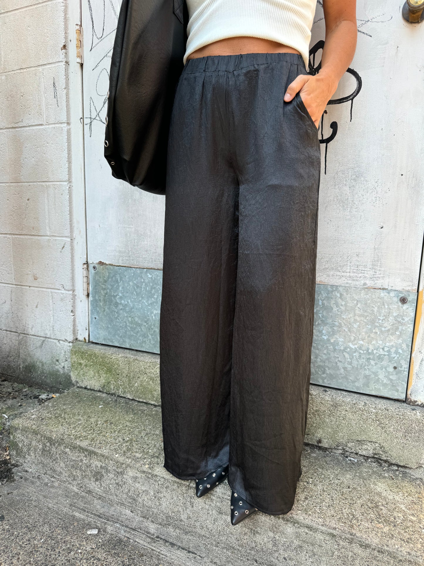 black satin pants