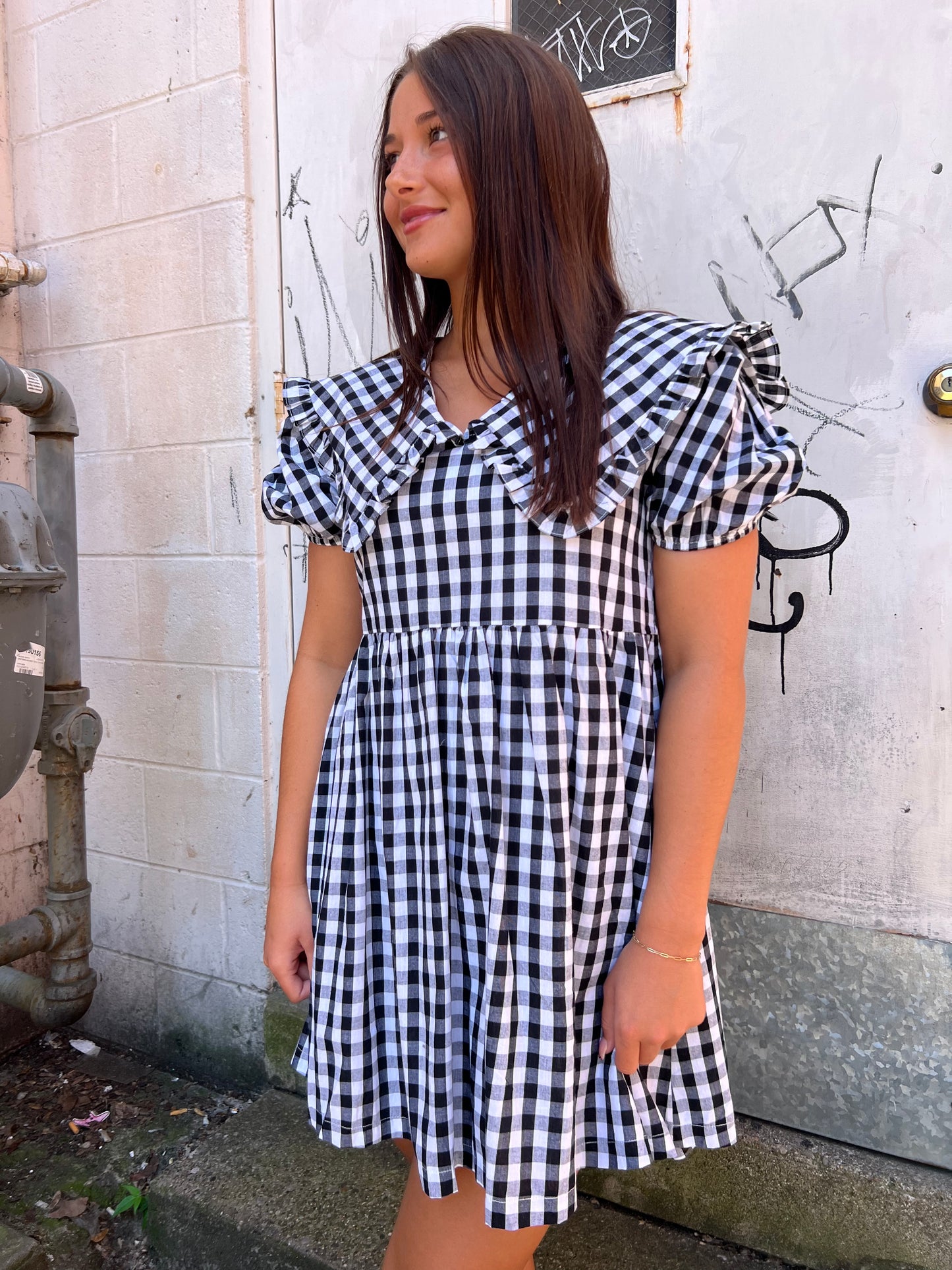 black gingham print babydoll dress