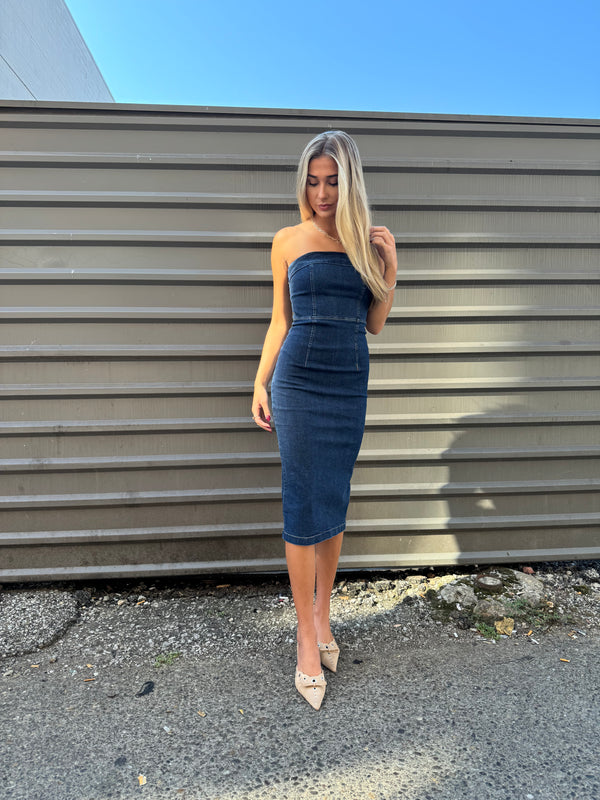 MARIANA STRAPLESS STRETCH DENIM MIDI