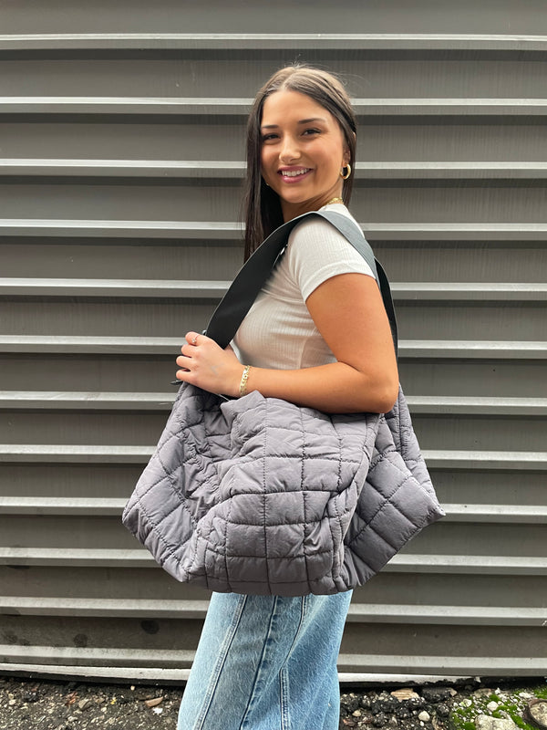 large gray quilted tote bag