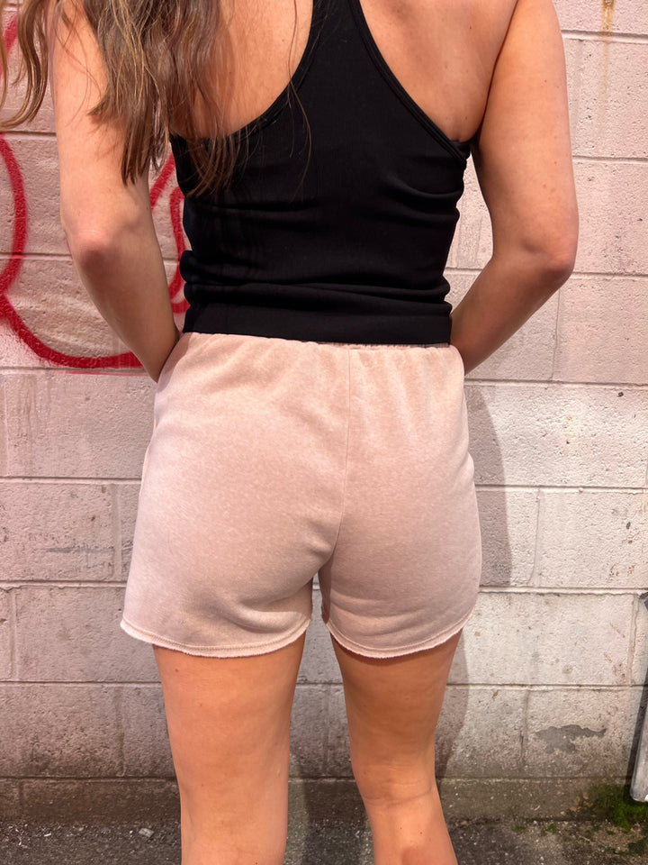 tan drawstring sweat shorts