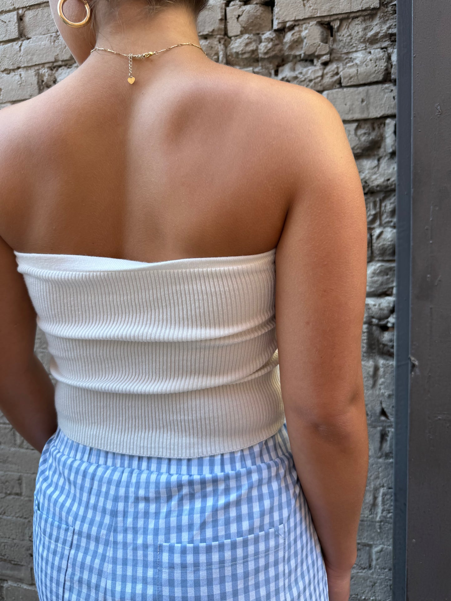 white ribbed strapless top with blue gingham print boxer shorts