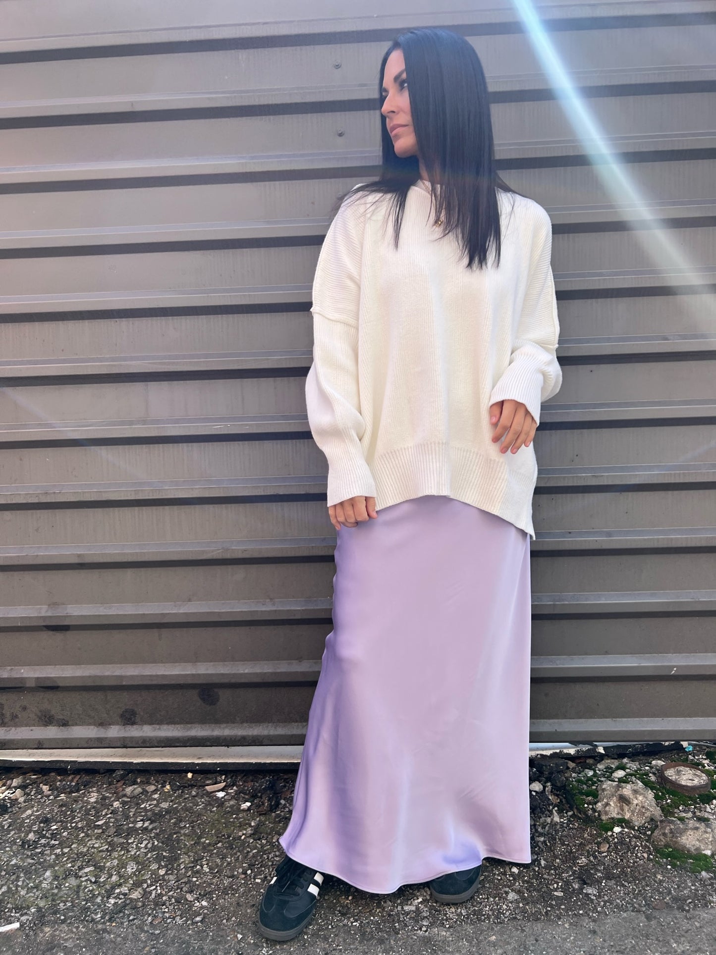 oversized white sweater with lilac slip skirt spring outfit 