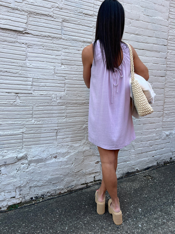 lavender linen blend sleeveless mini dress