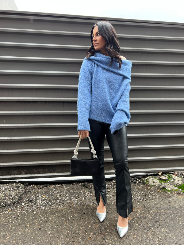 off the shoulder sweater and black leather pants winter outfit ideas