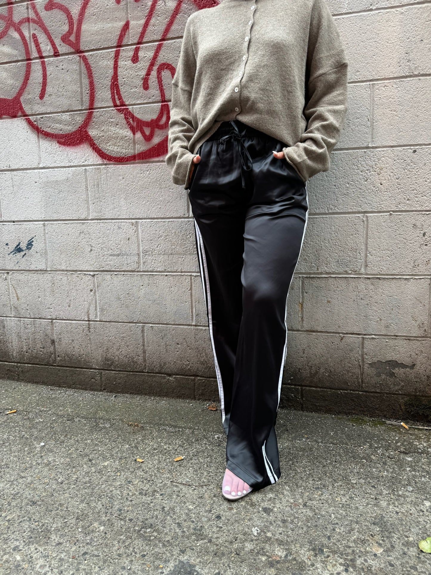 black pinstripe trackpants