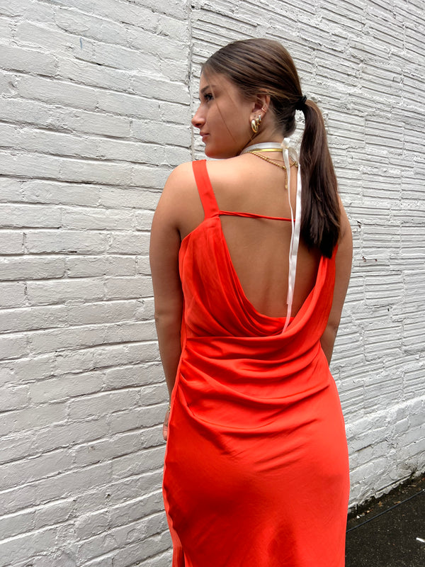 red orange satin open back dress