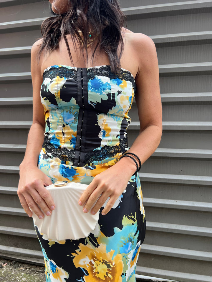 strapless hook and eye floral dress