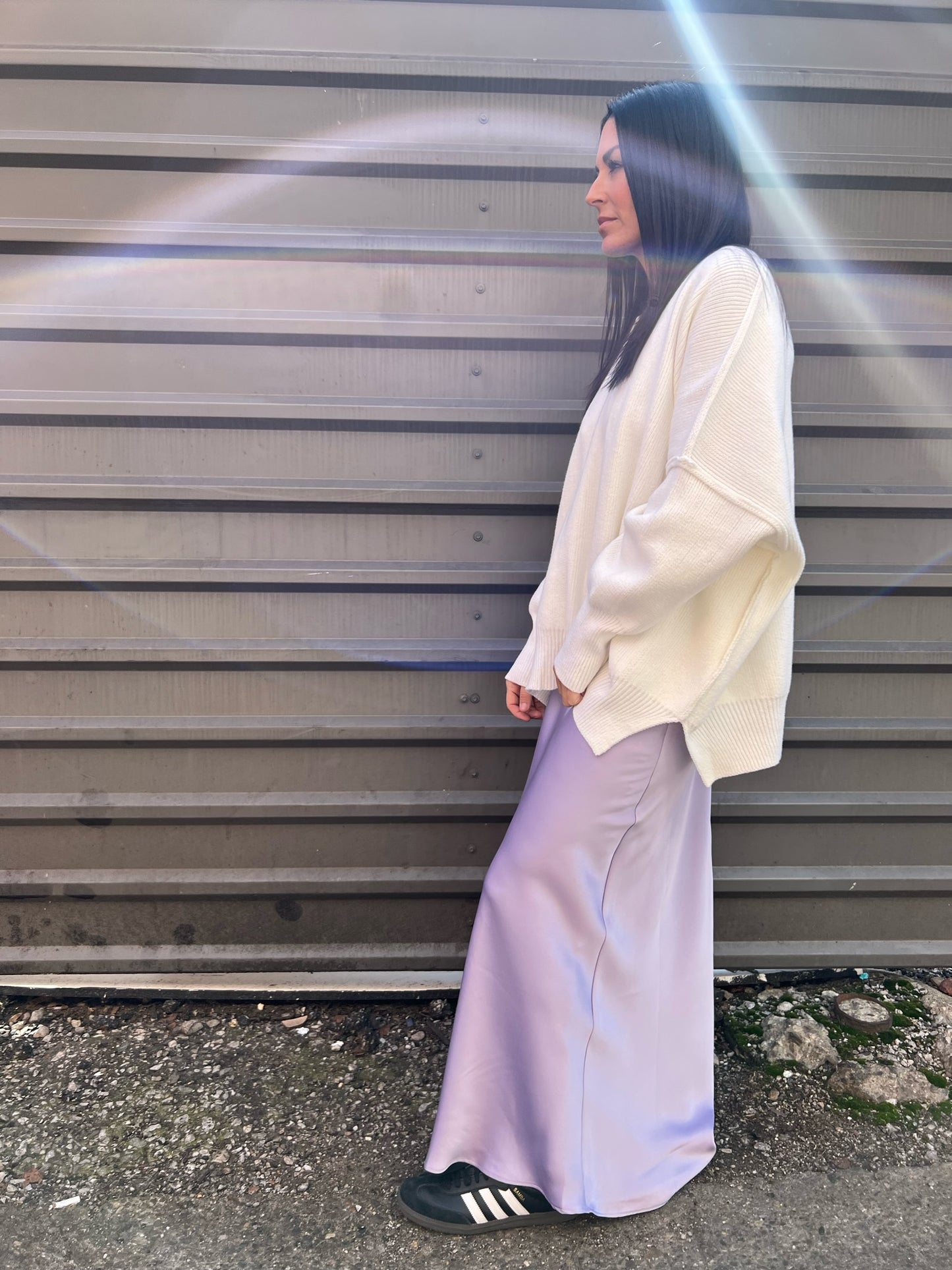 oversized white sweater with lilac slip skirt spring outfit 
