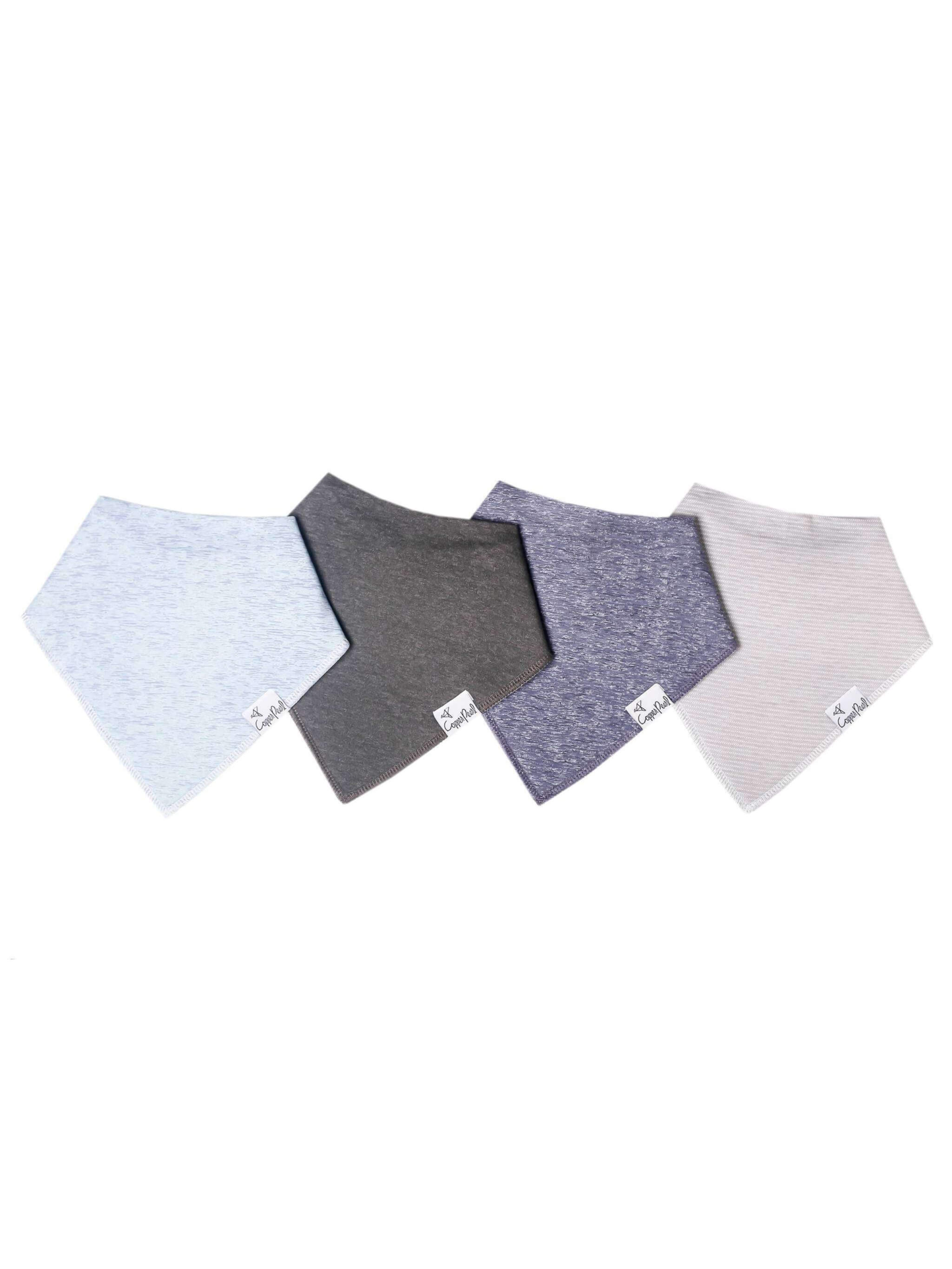 Copper Pearl Lennon bandana bibs set of 4 in gray, charcoal, navy, and cream