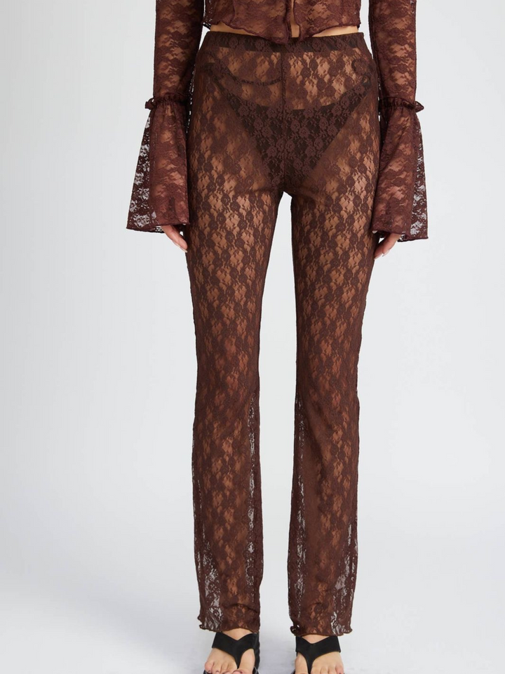 BROWN SHEER LACE FLARED PANTS