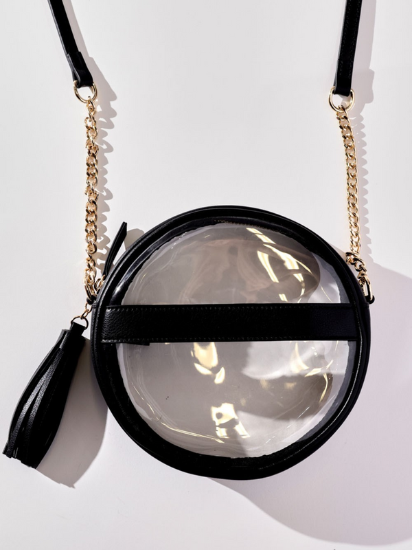 black leather clear round crossbody bag