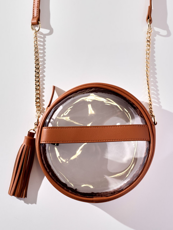 brown leather clear round crossbody bag