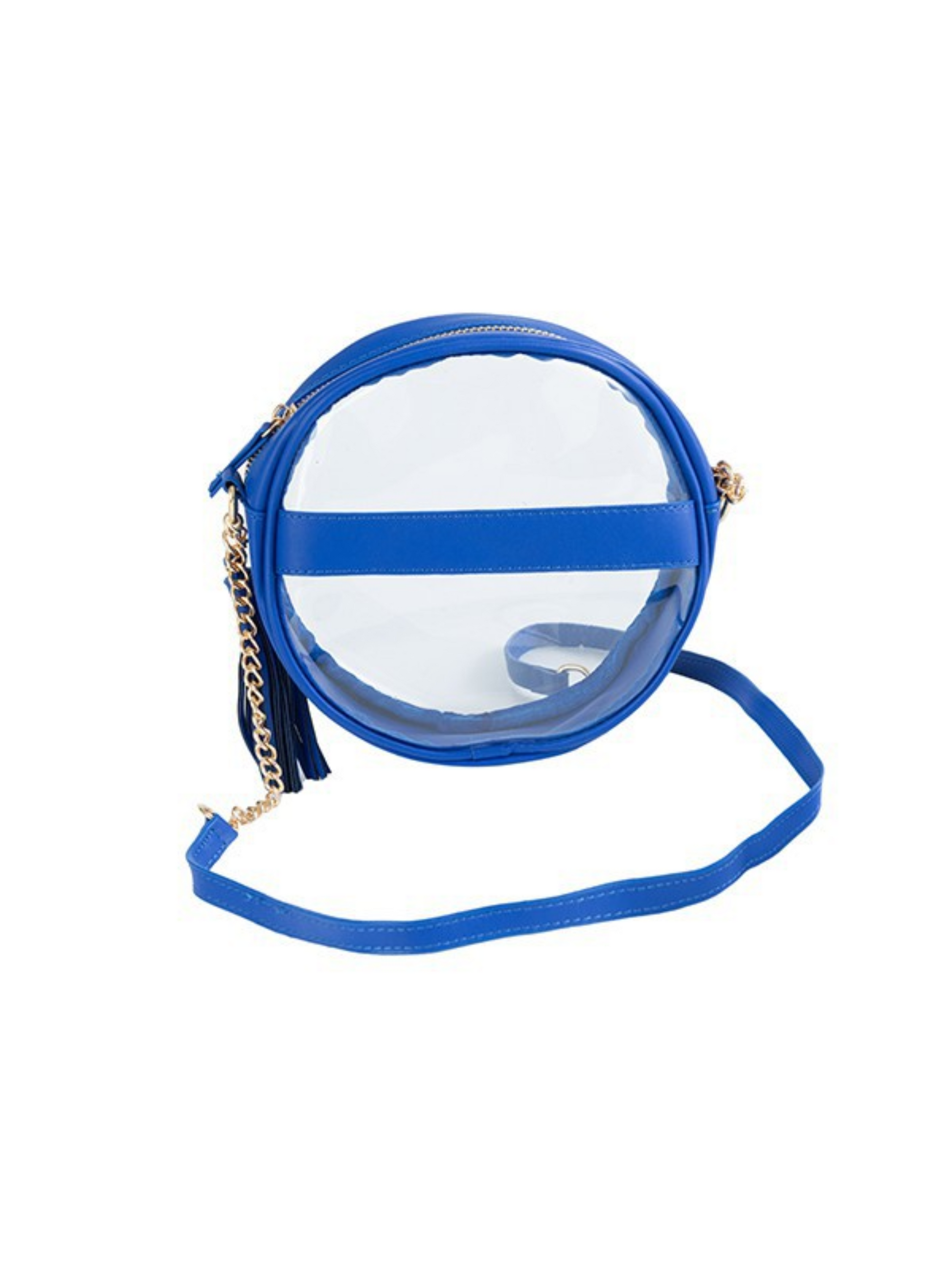 blue leather clear round crossbody bag