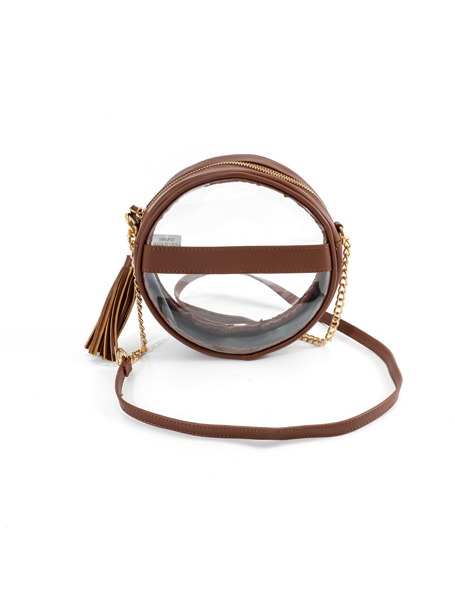 dark brown leather clear round crossbody bag