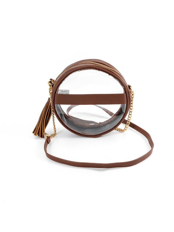dark brown leather clear round crossbody bag
