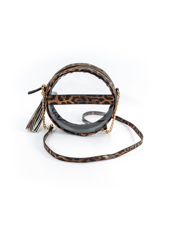 leopard leather clear round crossbody bag
