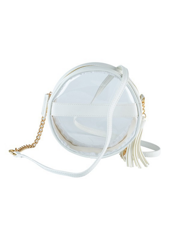 white leather clear round crossbody bag