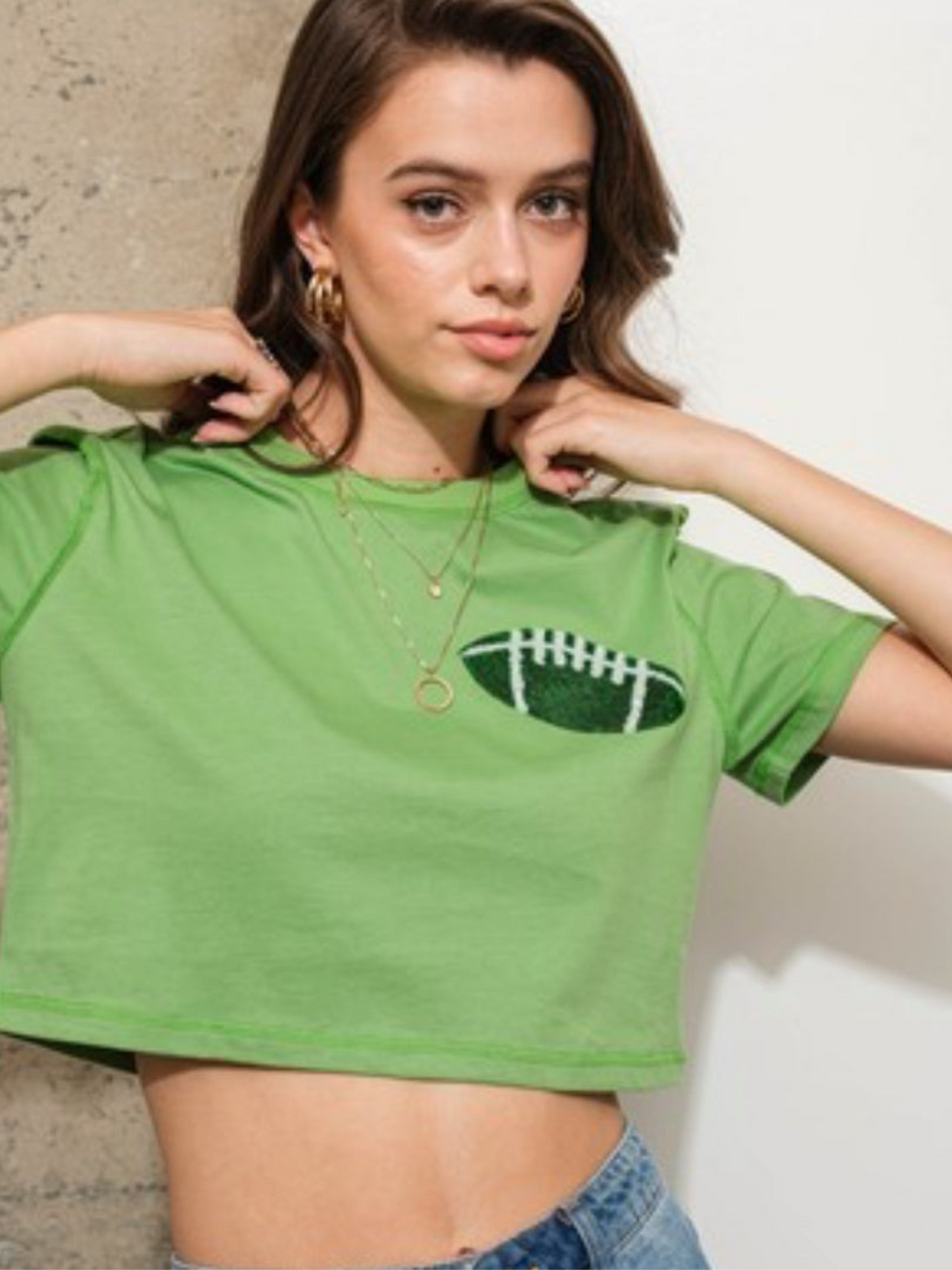 green cropped sequin football patch tee