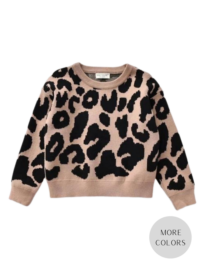GIRLS LEOPARD SWEATER IN TAUPE - THE LITTLE EAGLE BOUTIQUE