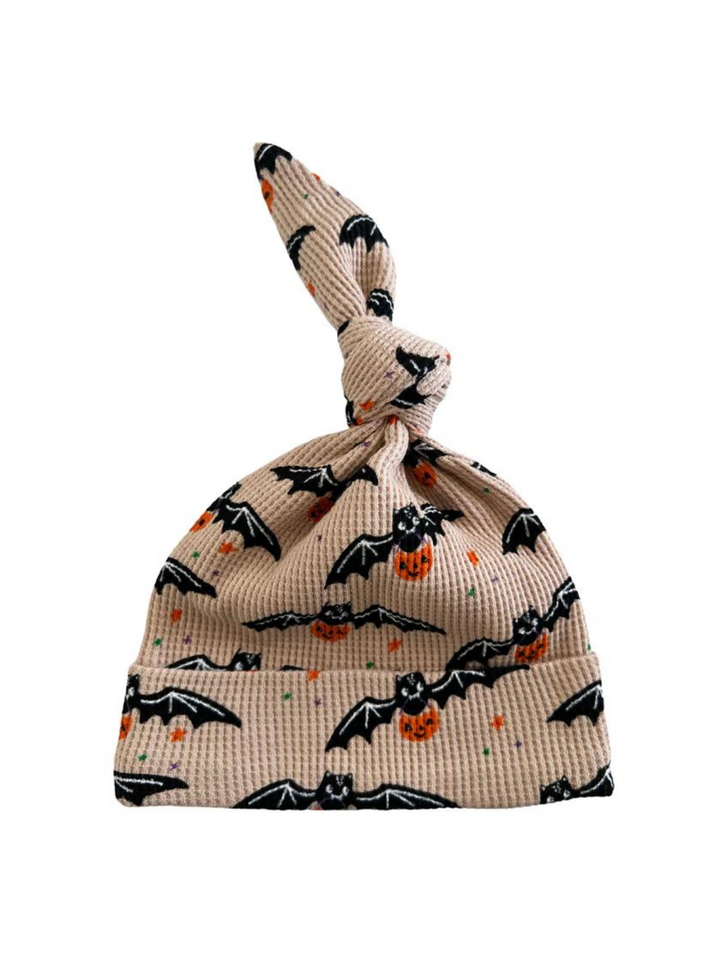 HALLOWEEN KNOT BEANIE IN TAN BATS - THE LITTLE EAGLE BOUTIQUE