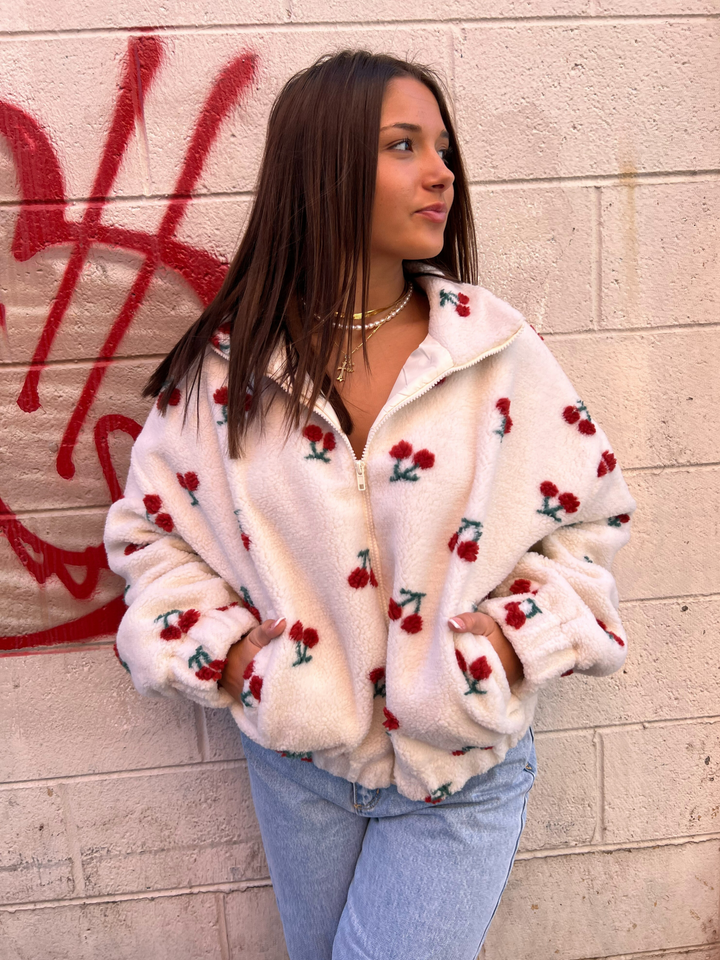 IVORY CHERRY TEDDY ZIP UP JACKET - THE HIP EAGLE BOUTIQUE