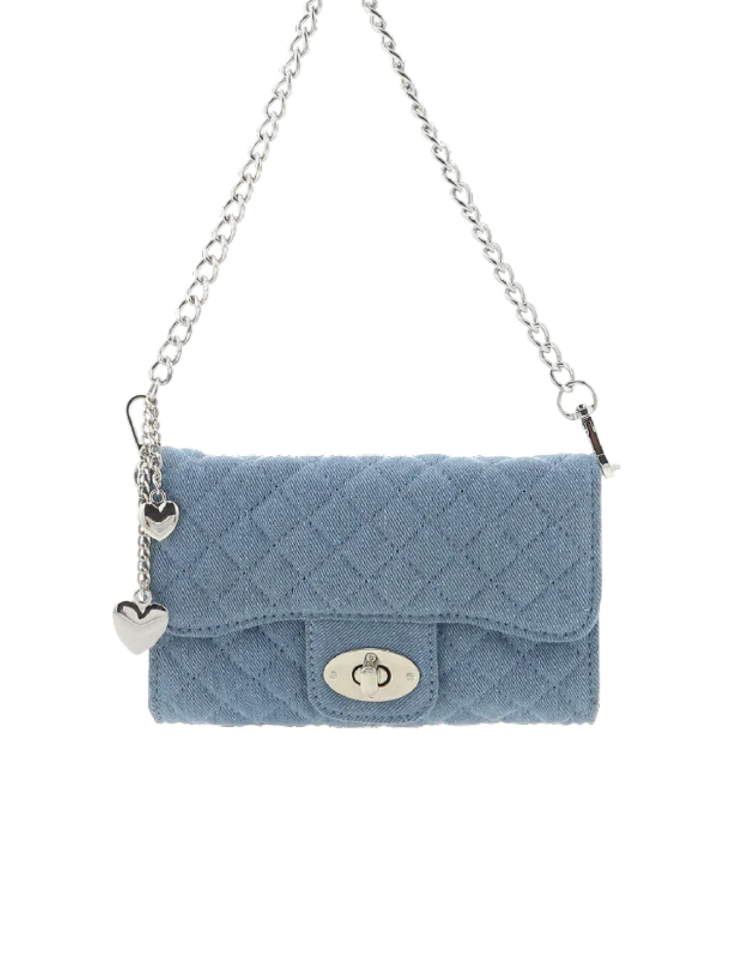 quilted denim crossbody purse with silver chain