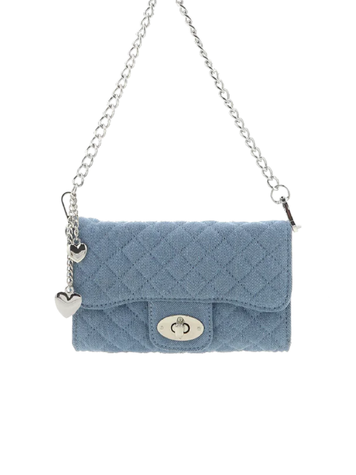 quilted denim crossbody purse with silver chain