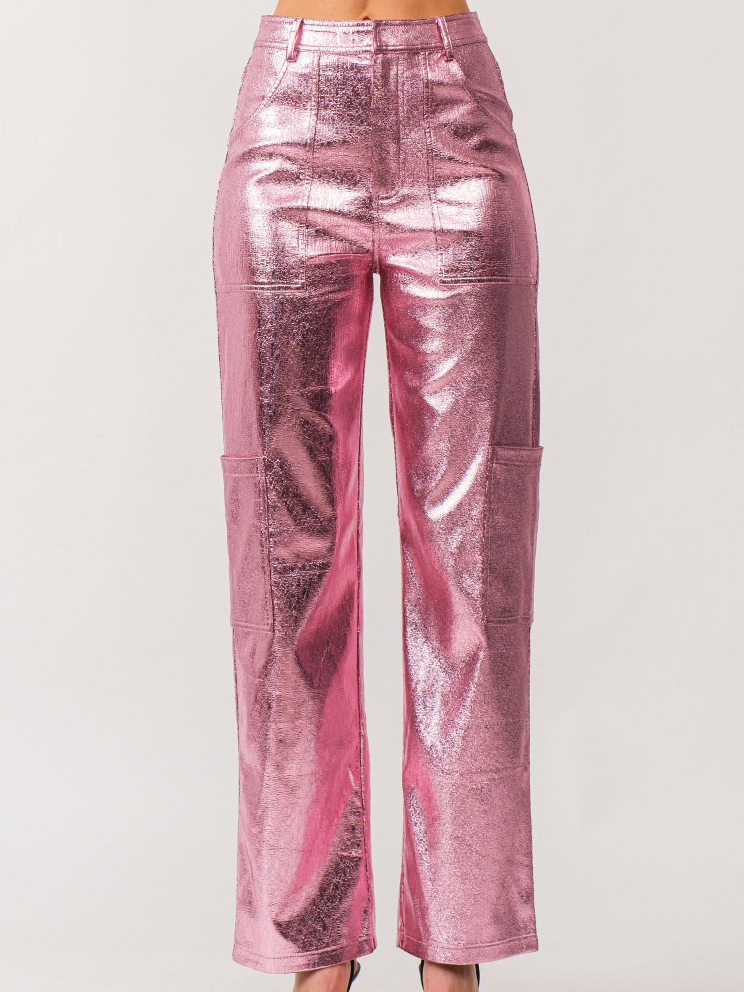 pink metallic vegan leather cargo pants