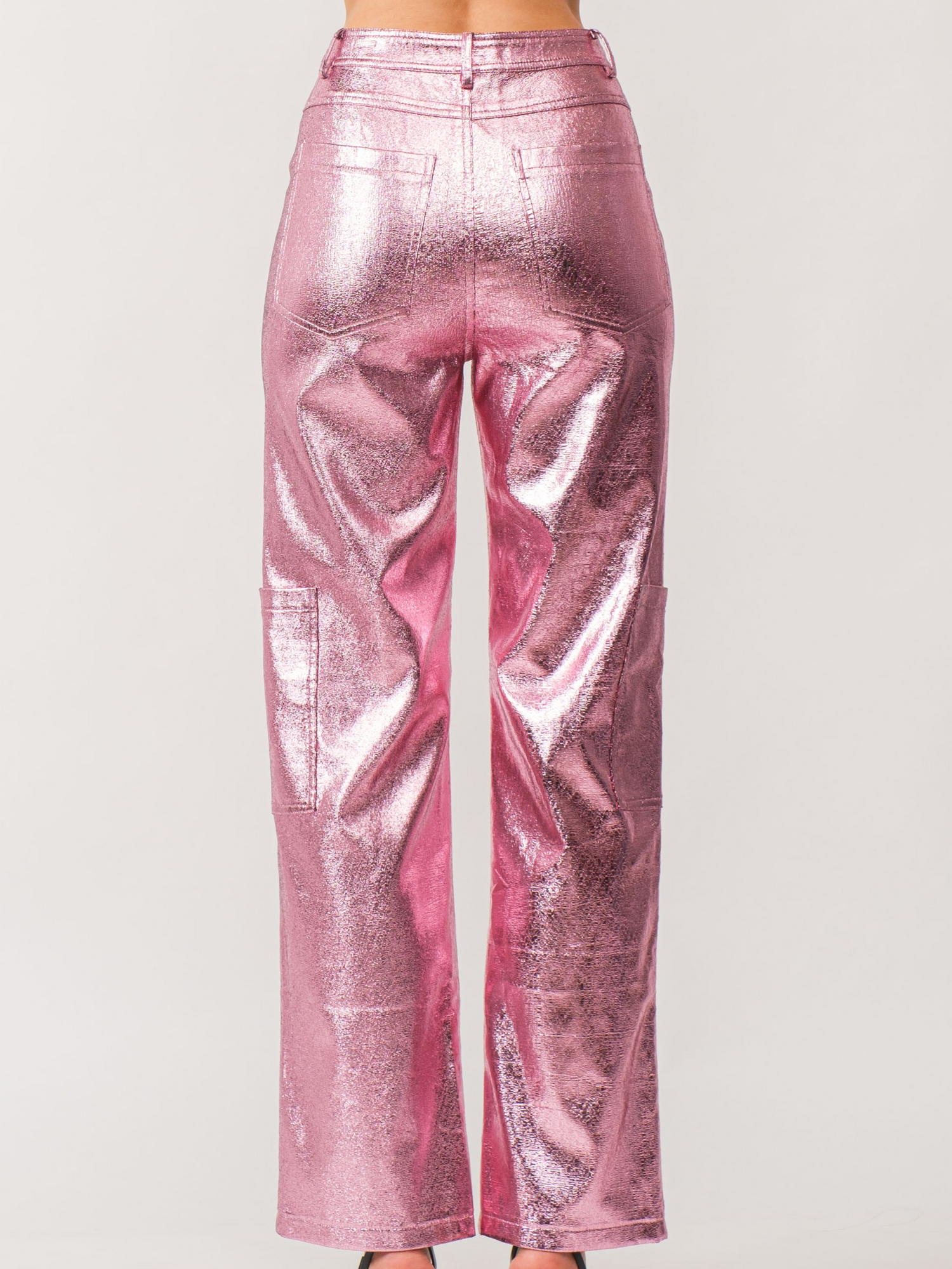 pink metallic vegan leather cargo pants