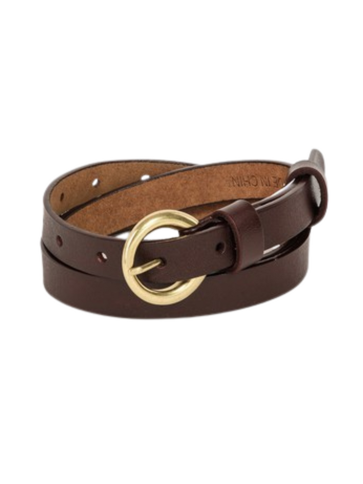 chocolate brown faux leather round buckle belt
