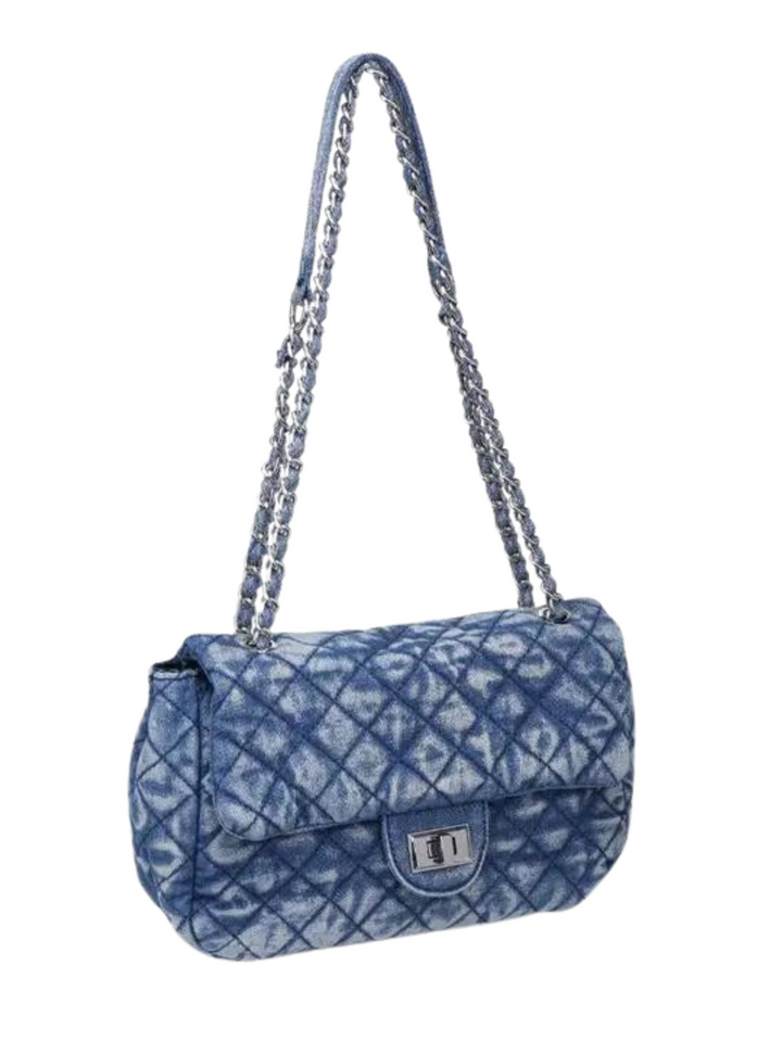 blue denim quilted crossbody chain purse
