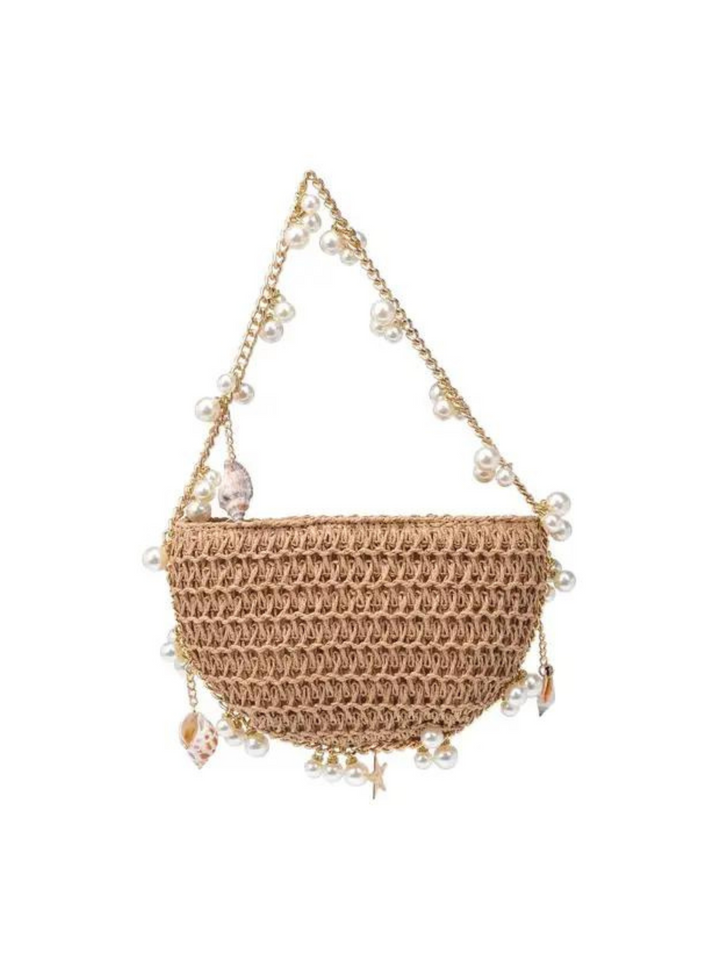 natural woven purse with pearls and seashell accents