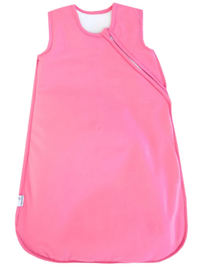 Pink sleeveless baby sleep sack with diagonal zipper closure and rounded bottom
