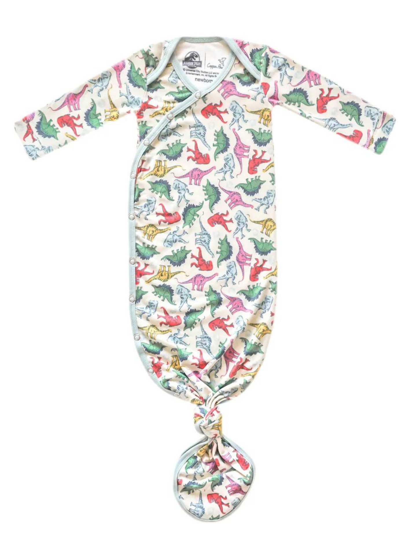 Copper Pearl newborn knotted gown with colorful Jurassic Park dinosaur print, tied bottom