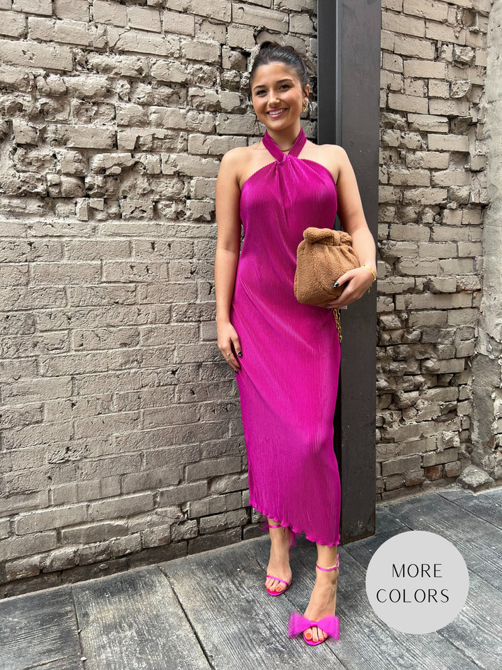 PINK PLEATED HALTER FLOWY MIDI DRESS - THE HIP EAGLE BOUTIQUE 