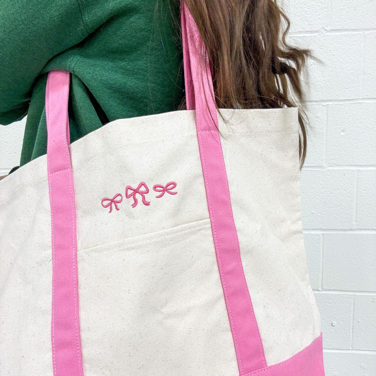pink embroidered canvas tote bag