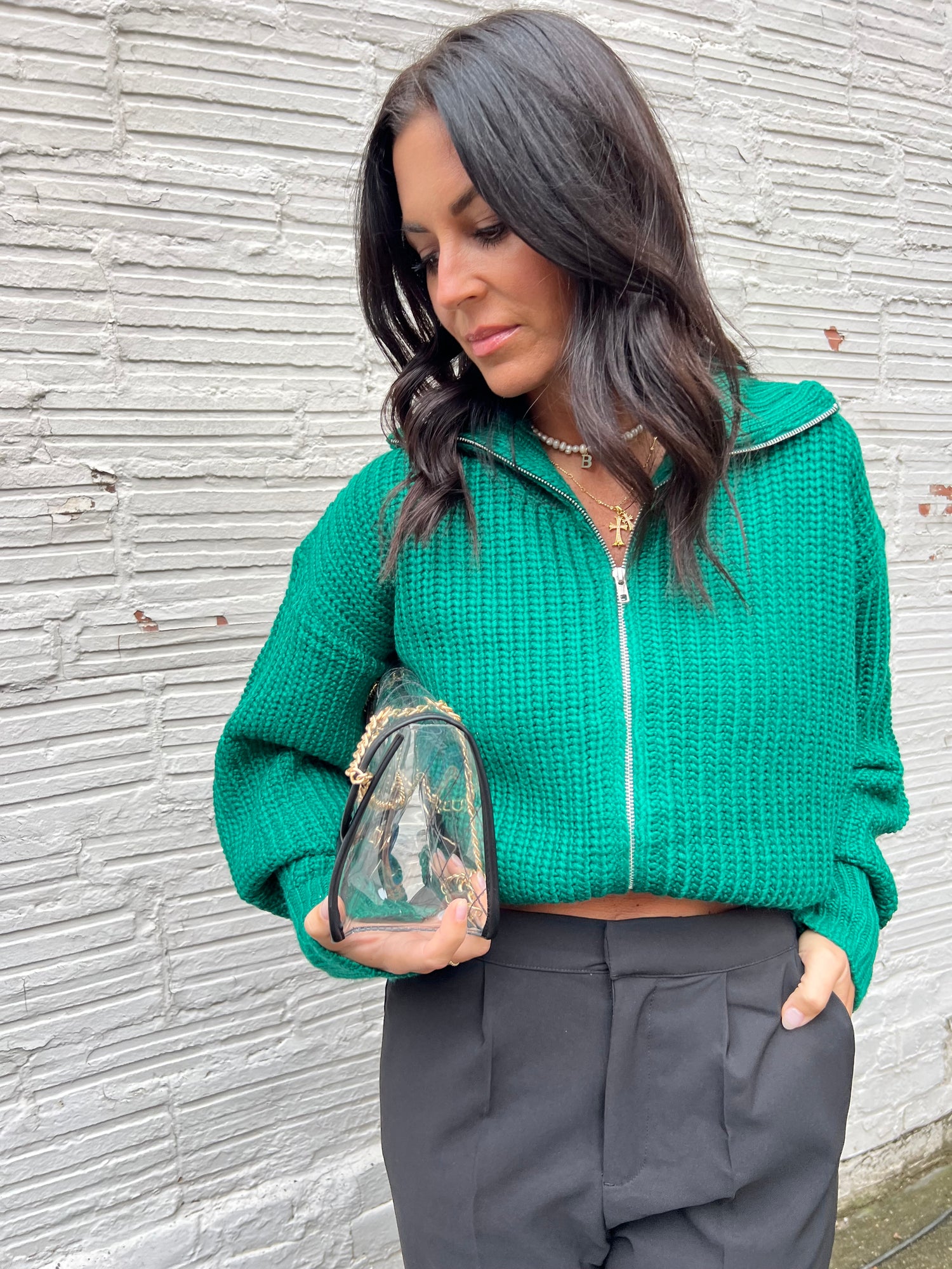 H-TOWN KELLY GREEN CHUNKY ZIP UP SWEATER JACKET - THE HIP EAGLE BOUTIQUE 