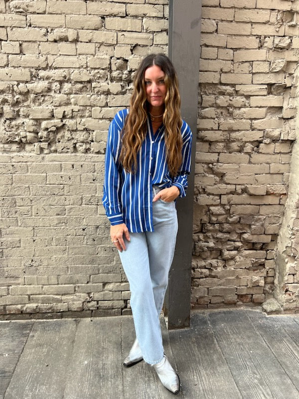 A REAL ONE BLUE STRIPED BUTTON UP - THE HIP EAGLE BOUTIQUE