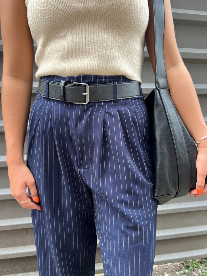  NAVY BLUE PINSTRIPE BELTED PANTS - THE HIP EAGLE BOUTIQUE
