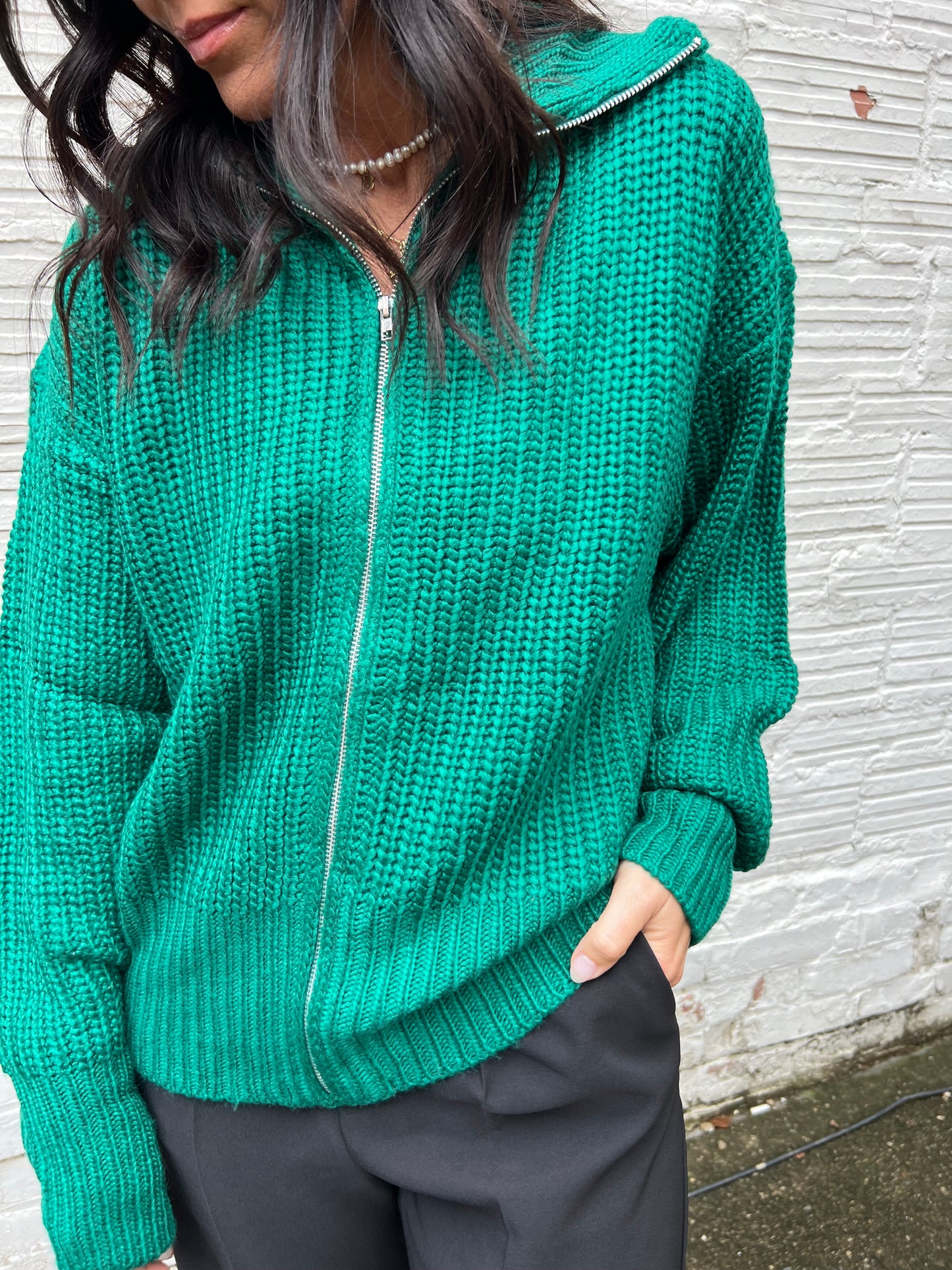 H-TOWN KELLY GREEN CHUNKY ZIP UP SWEATER JACKET - THE HIP EAGLE BOUTIQUE 