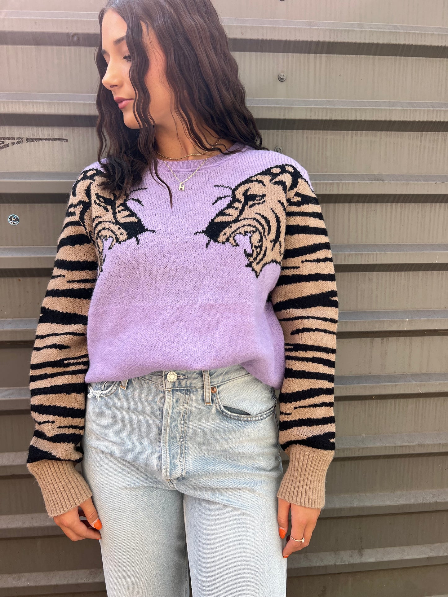 TIGER SLEEVE PURPLE SWEATER - THE HIP EAGLE BOUTIQUE