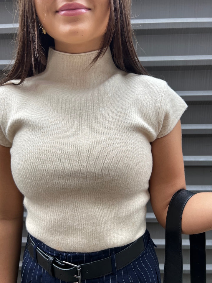 LINE & DOT RUMI SHORT SLEEVE TURTLENECK CROPPED SWEATER IN CREAM - THE HIP EAGLE BOUTIQUE