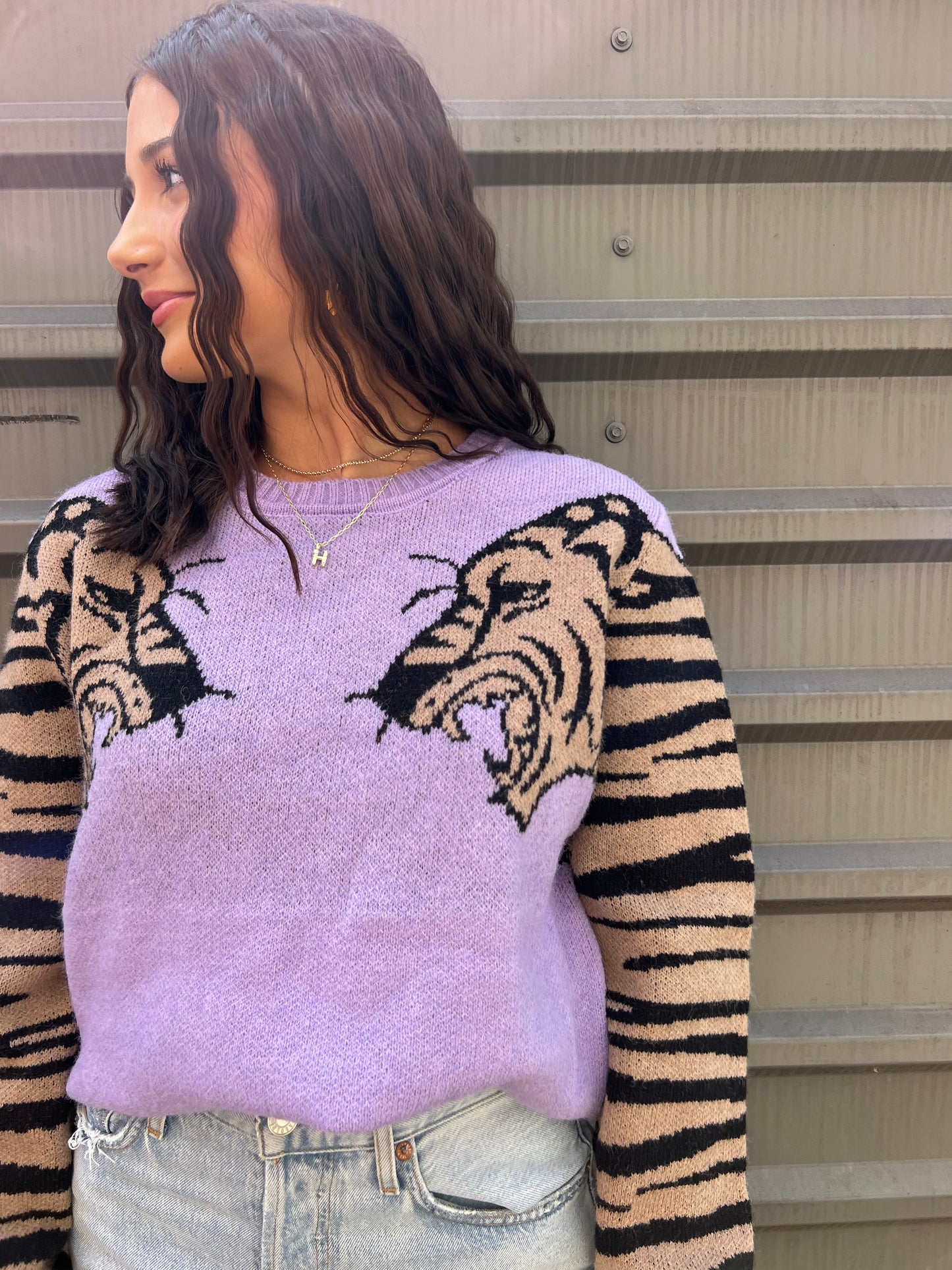 TIGER SLEEVE PURPLE SWEATER - THE HIP EAGLE BOUTIQUE